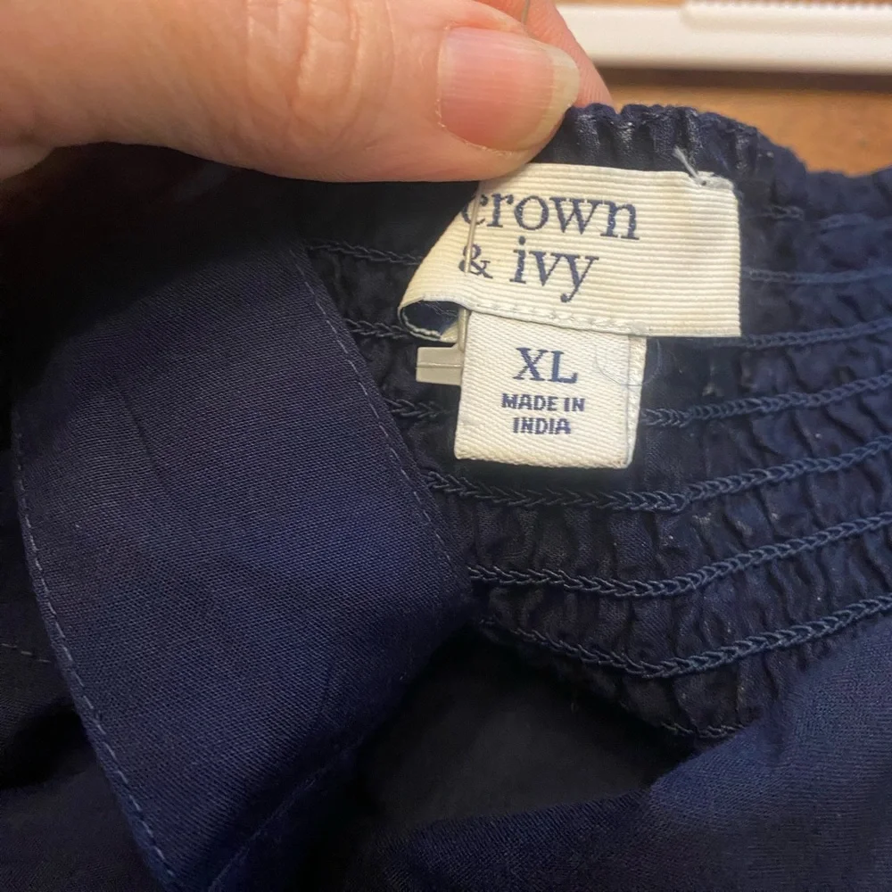 Crown & Ivy Navy Tiered Maxi Dress with Pink & White Trim with Pom Poms - Picture 7 of 7